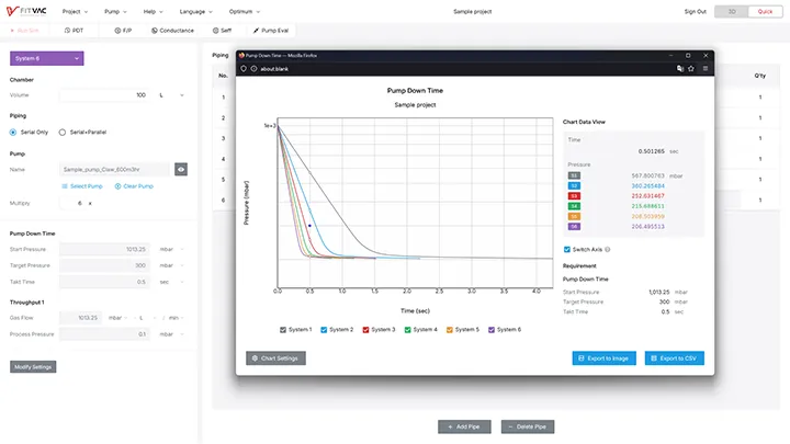 Click the "Run Sim" button to activate the simulation buttons. And click the activated buttons to display the simulation result, including Pump down time, Throughput, etc.